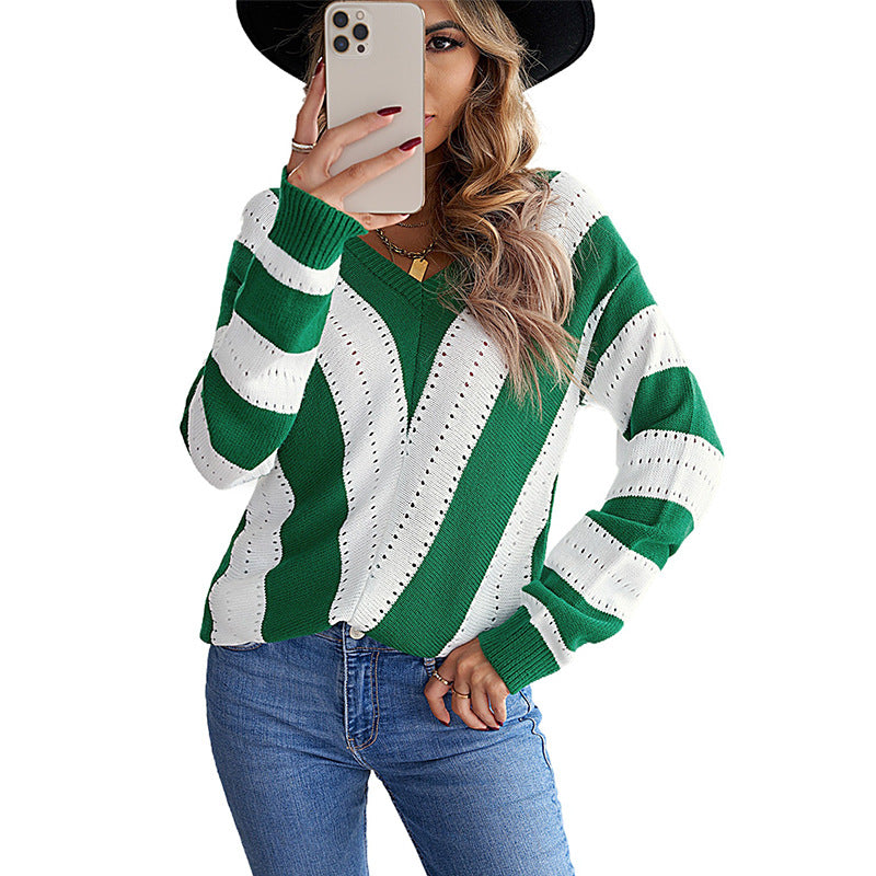 Striped Outerwear Sweater Contrast Color Long Sleeves Knitted Underwear Top