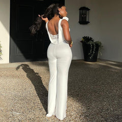 Solid Color Sleeveless Deep U Neck Backless Hip Raise Skinny Bootcut Casual Jumpsuit