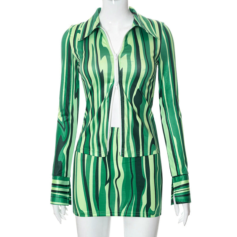 Collared Print Long Sleeve Zipper Cardigan Sheath Skirt Outfit