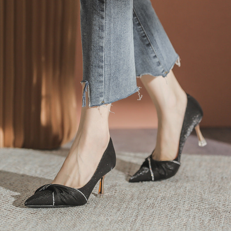 Women's Satin High Blue Banquet Temperament Low-cut Heels