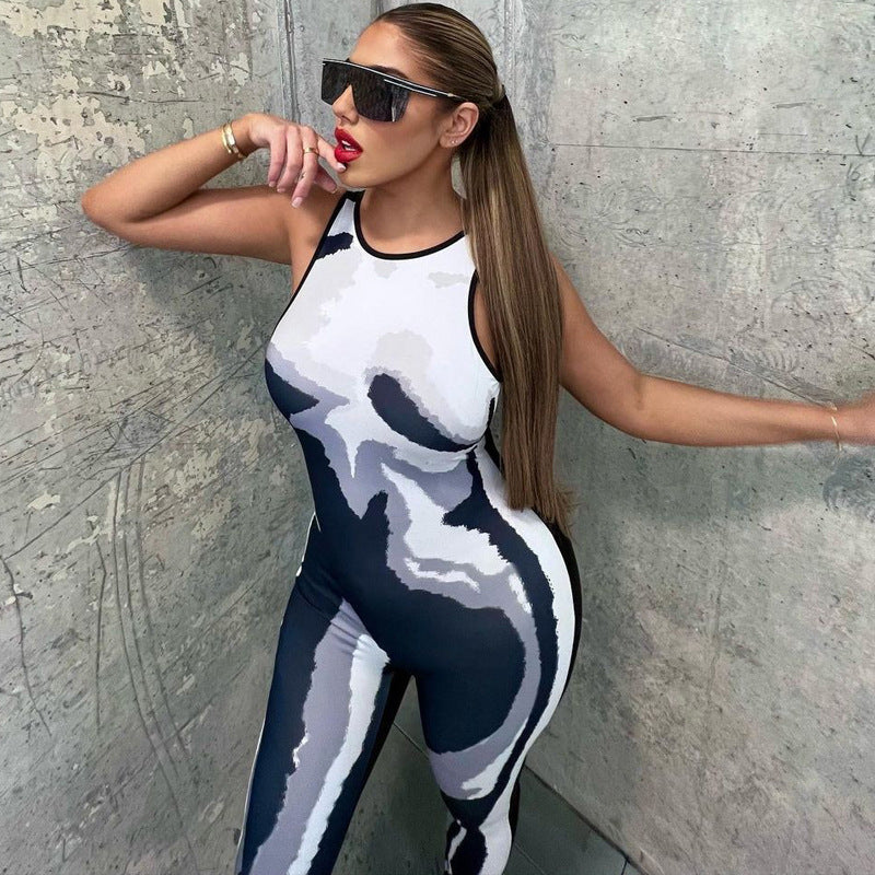 Printed Tight Slimming round Neck Sleeveless Jumpsuit