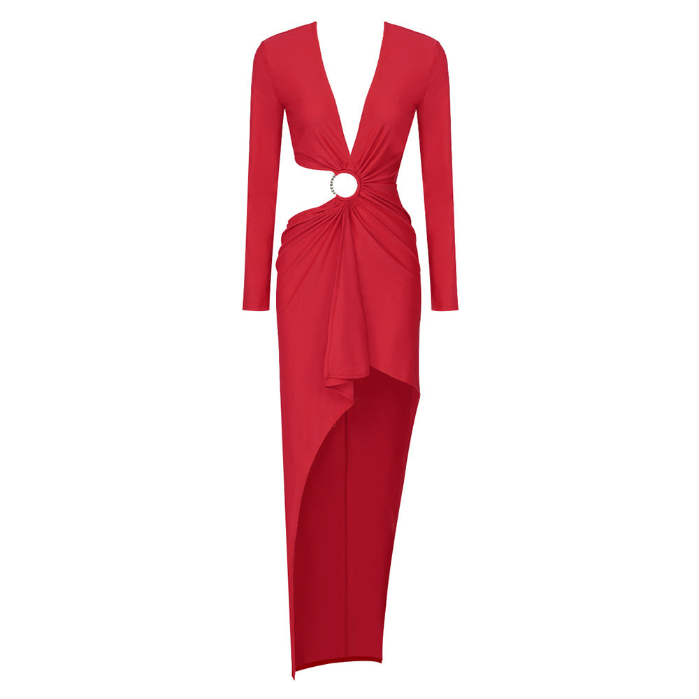 Red Deep V Plunge Side Opening Metal Ring Maxi Dress Black Christmas Dress