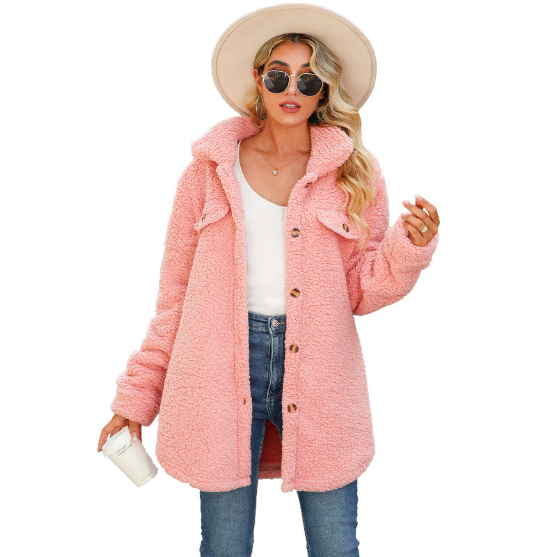 Collared Long Sleeve Loose Breasted Faux Mouth with Non Ironing Long Bubble Velvet Coat