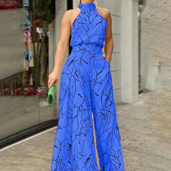 Elegant High Waist Lace up Sleeveless Halter Trousers Jumpsuit
