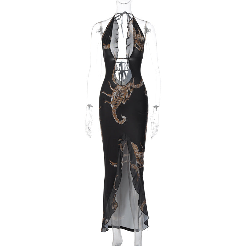 Robe longue imprimée décolletée à bretelles dos nu