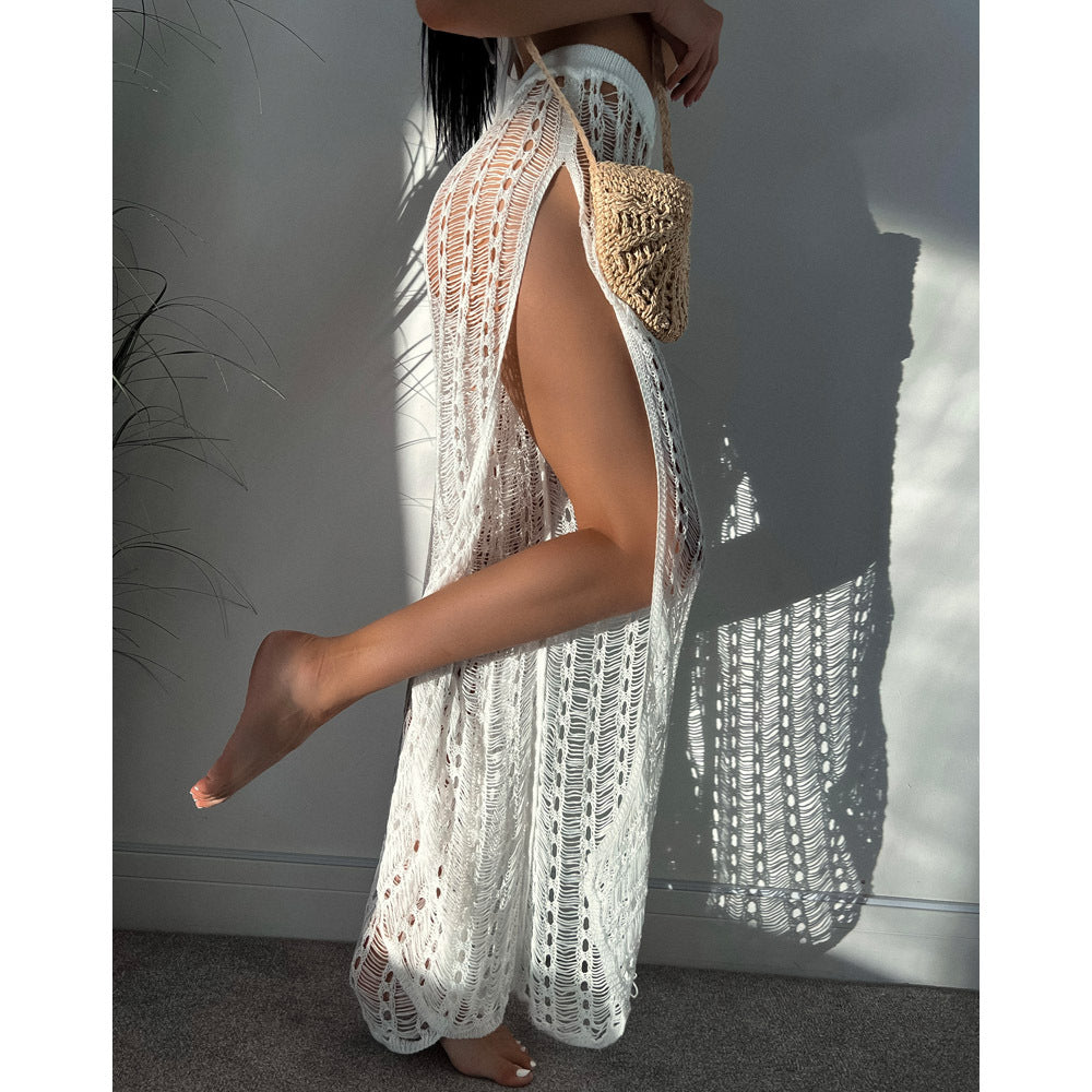 Vacation See through Mesh Hollow Out Split Strap Knitted Mop Beach Pants