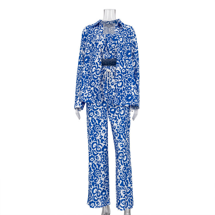 Early Long Sleeved Shirt Tube Top High Waist Trousers sets Printing Wear