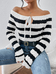 Knitwear Off Neck Lace up Striped Pullover Sweater