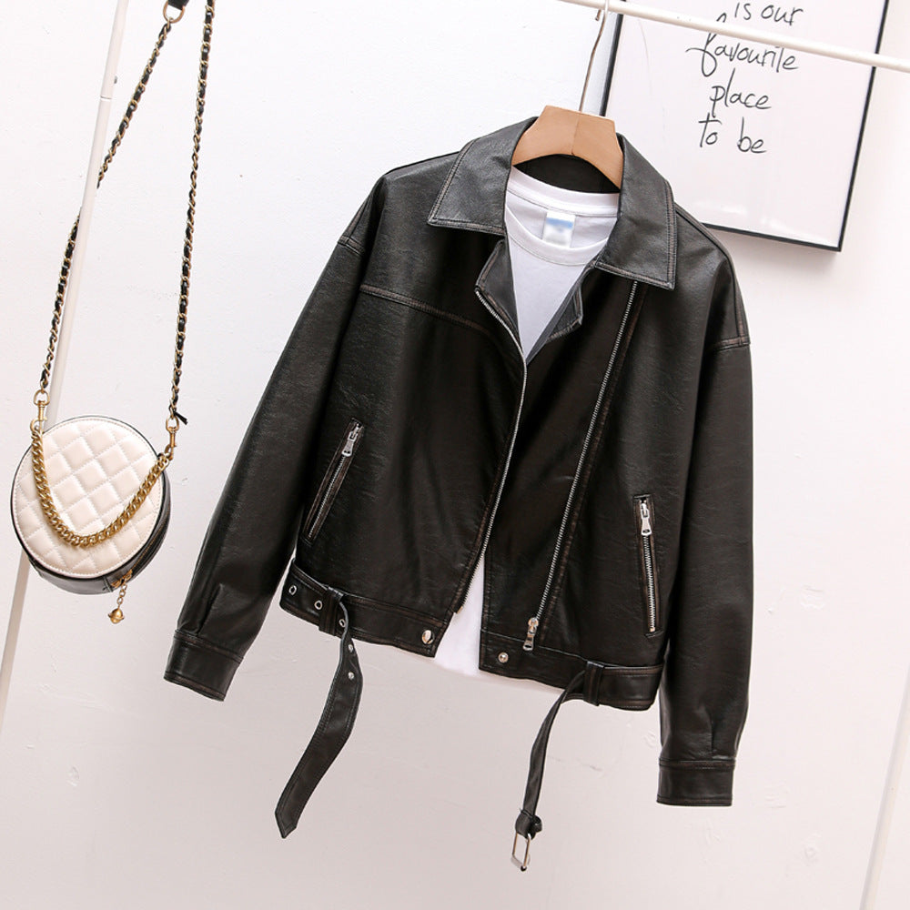 Belt Faux Leather Coat Short Lapels Retro Motorcycle Leather Jacket Autumn