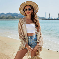 Knitted Beach Cover up Seaside Cutout Vacation Sun Protection Shawl Bikini Cover