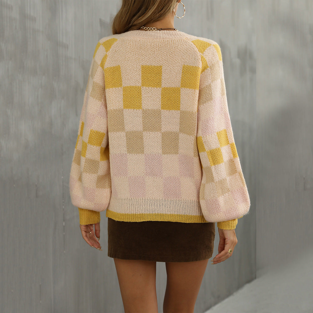Early V neck Plaid Contrast Color Knitwear Pullover Sweater