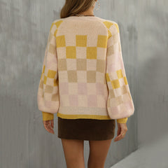 Early V neck Plaid Contrast Color Knitwear Pullover Sweater