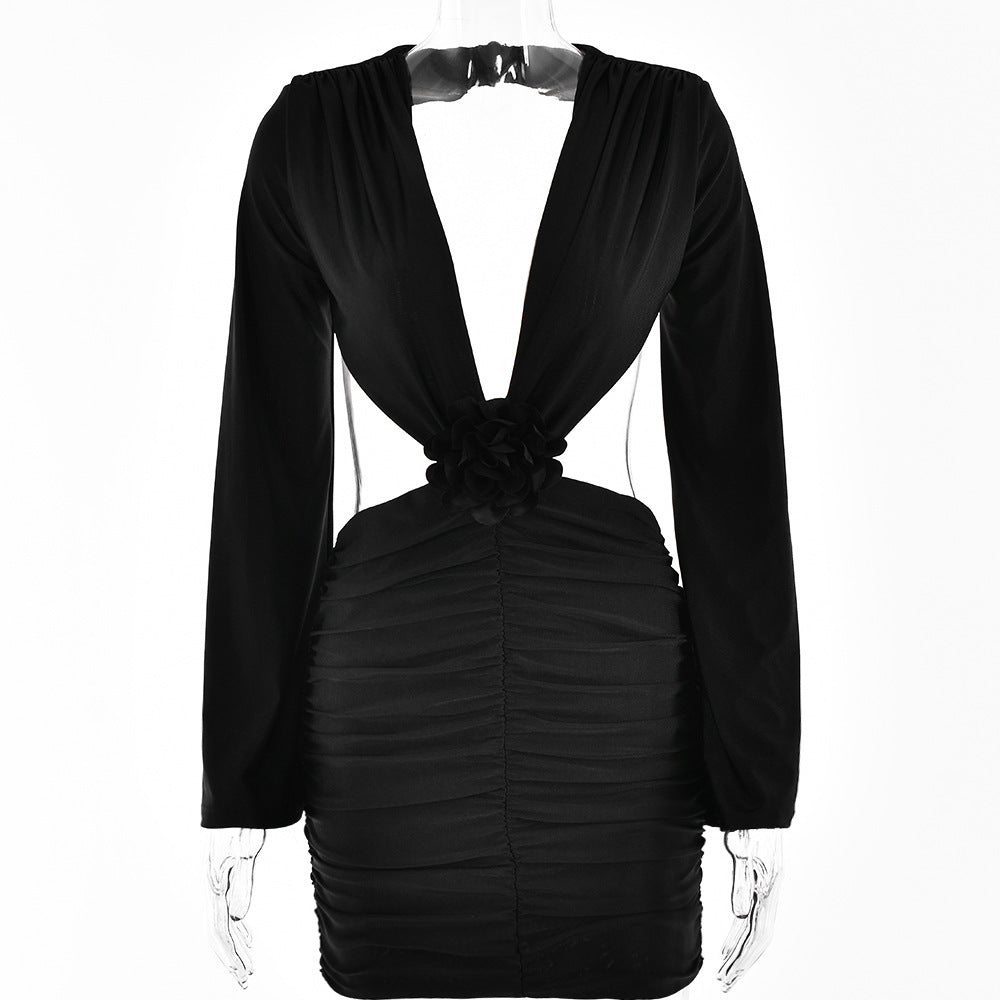 Robe fleurie à col en V, manches longues, dos nu, taille haute, hanches, automne