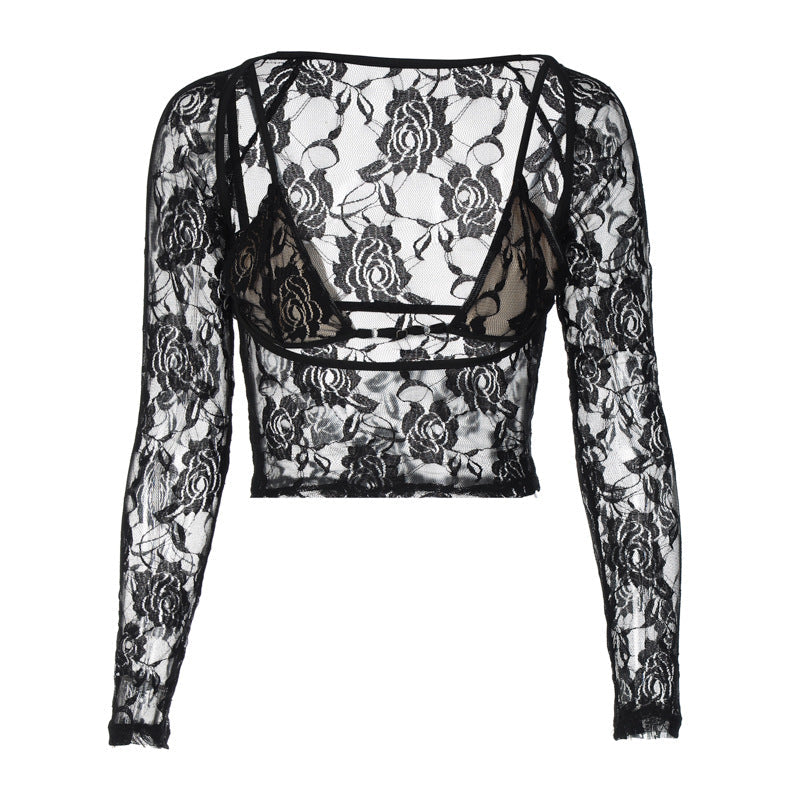 See through Lace Sling Underwear Two Piece Long Sleeve Top T shirt