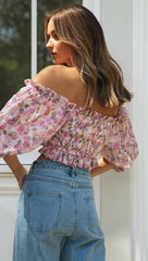 Lässiges bedrucktes Off-Shoulder-Top mit Laternenärmeln und Smokarbeit