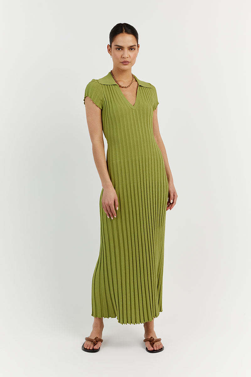 V Neck Sunken Stripe Slimming Knitted Maxi Dress