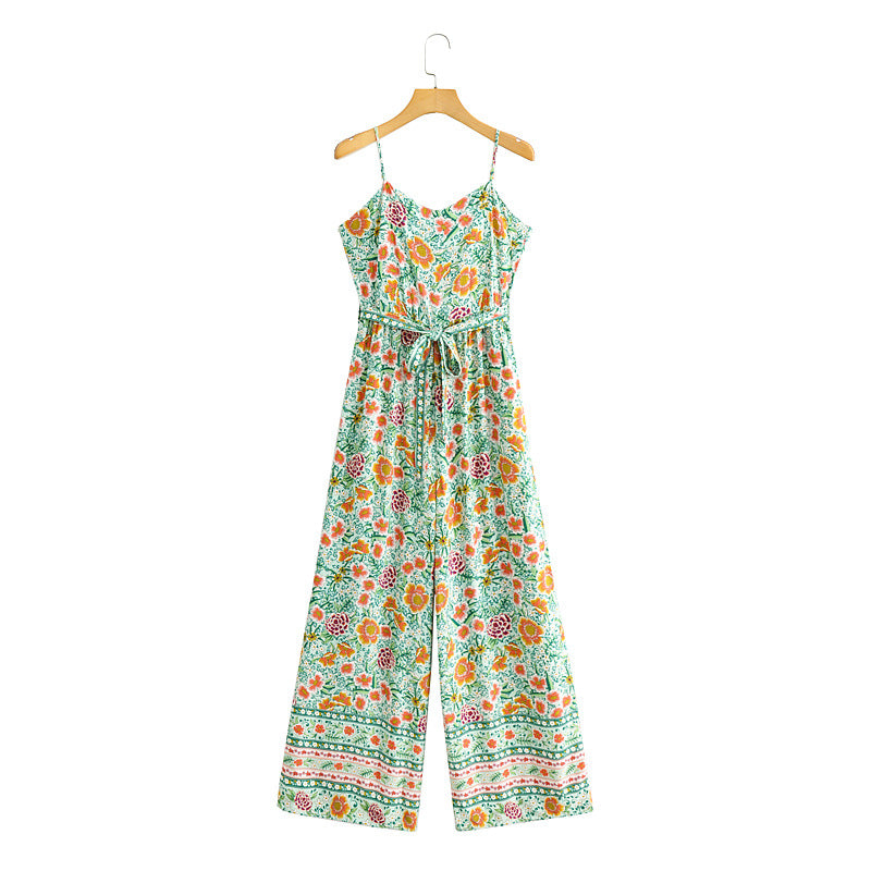 Positioning Printed Belt Loose Wide-Leg Suspender Bohemian Jumpsuit