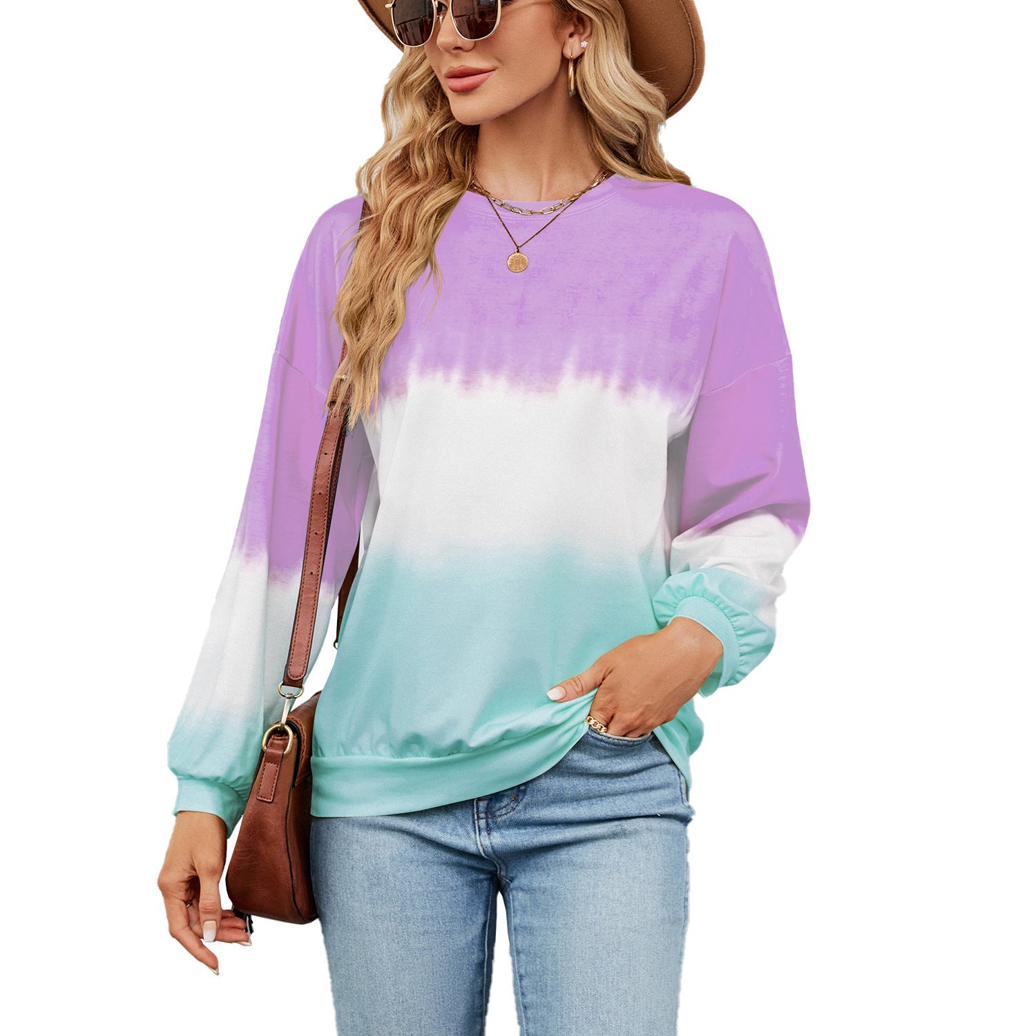 Tie-Dye Contrast Color round Neck Long Sleeve Loose Sweatshirt