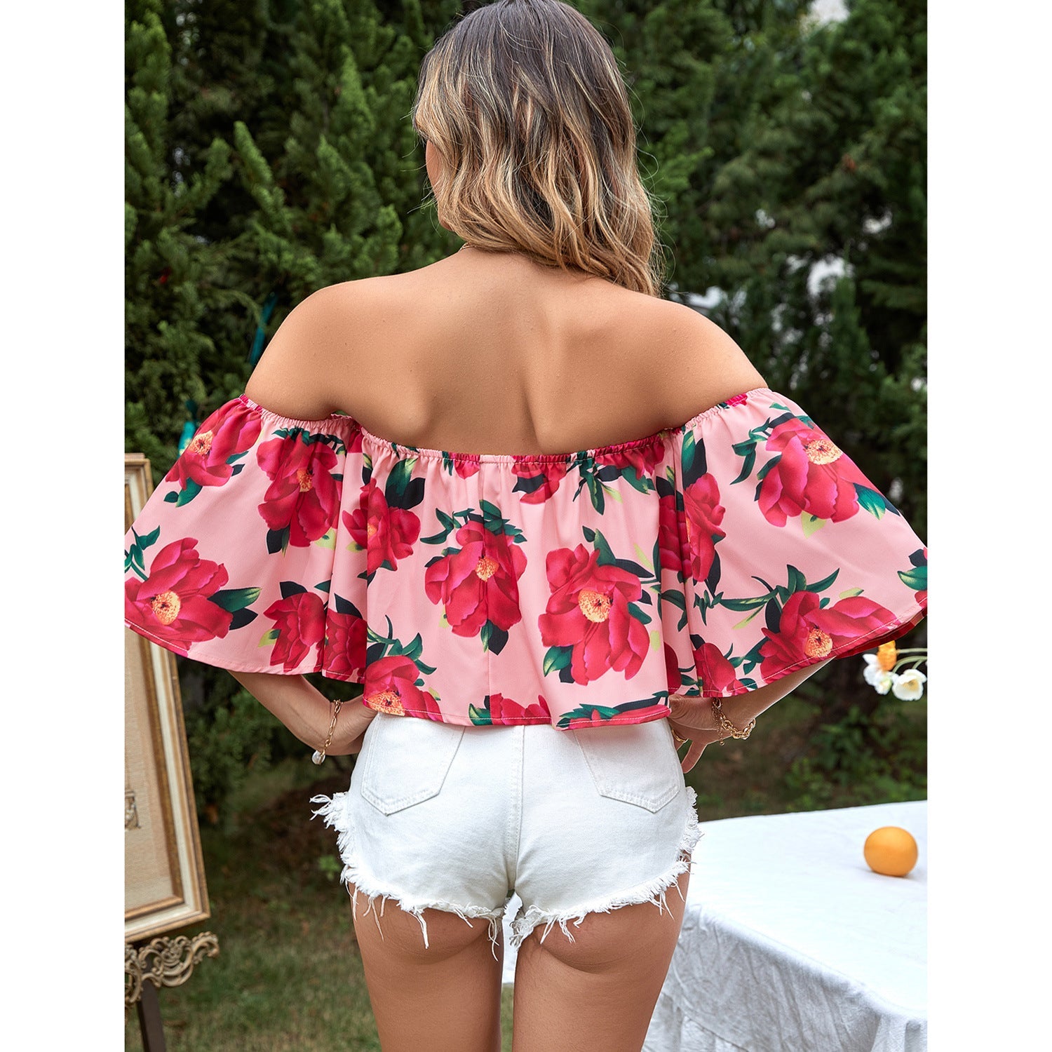 Chemise fleurie décontractée à épaules dénudées pour vacances