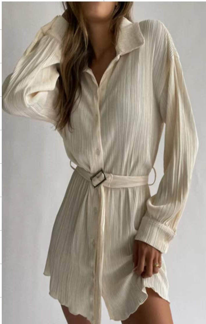 Fashionable Pleated Long Sleeved Shirt Belt Dress