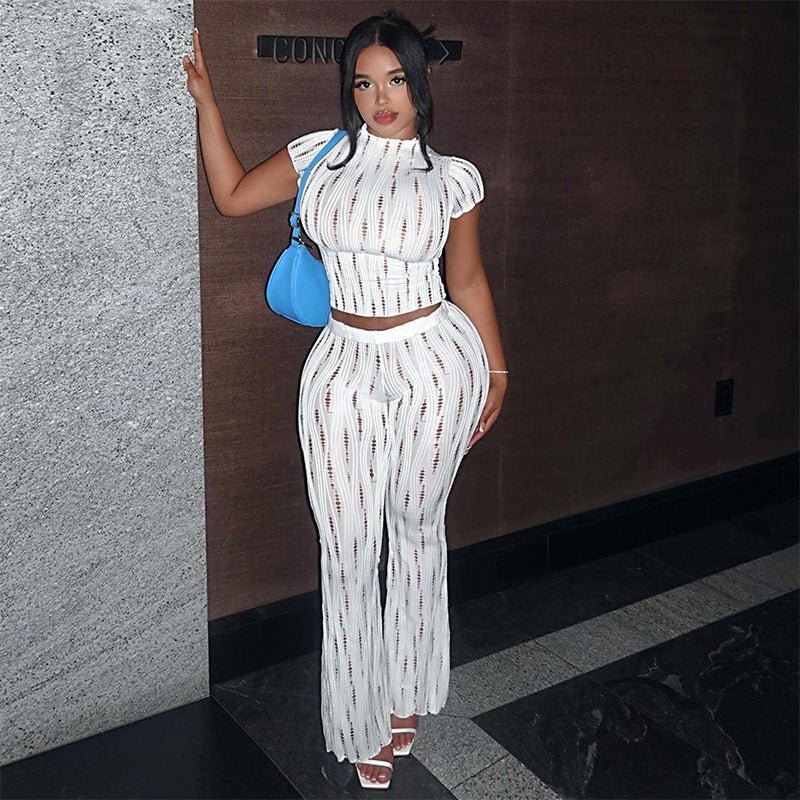 Tight Ripped Short Sleeve Top Trousers Sets
