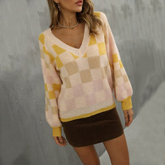 Early V neck Plaid Contrast Color Knitwear Pullover Sweater