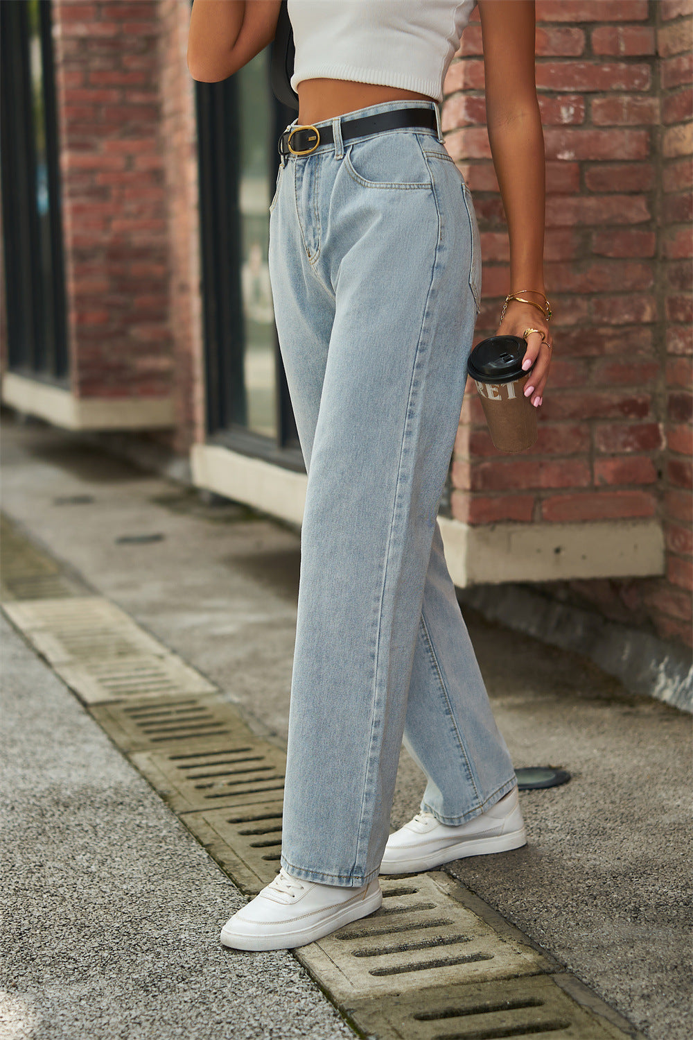Butterfly Print Light Color Mid Waist Denim Straight Leg Trousers