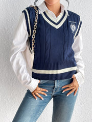 University Solid Color Hemp Pattern Pullover Vest Knitted Sweater