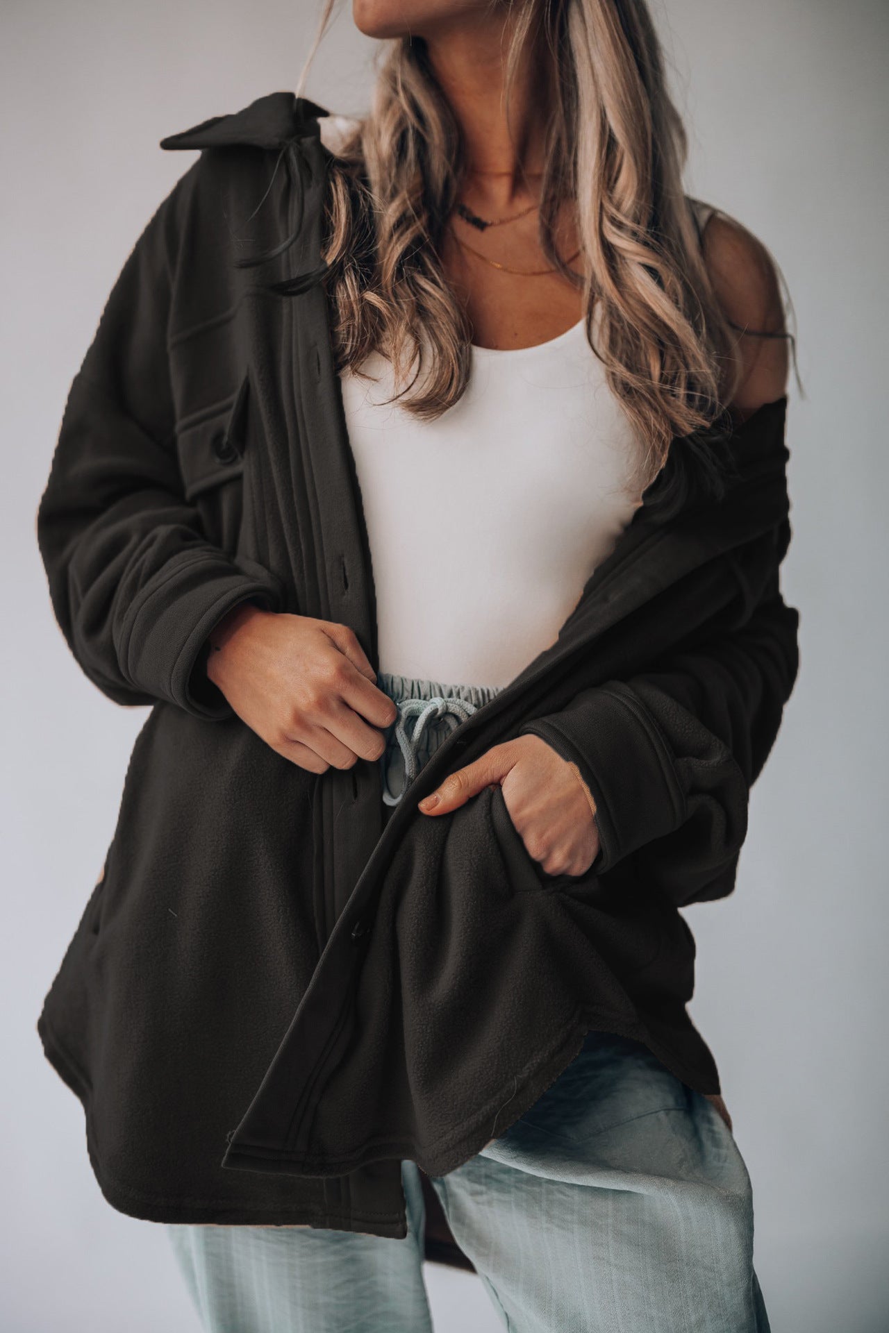 Fall Polo Collar Single Breasted Long Sleeve Shacket