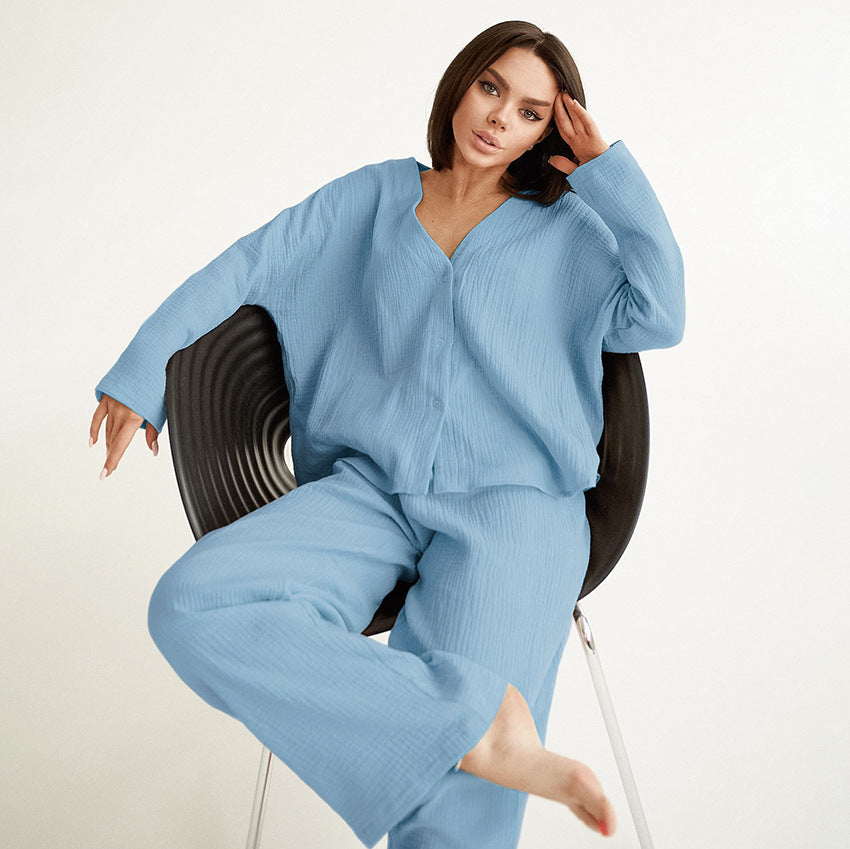 Double Layer Crepe V-neck French Loose Comfortable Long Sleeve Pajamas Cotton Linen Homewear Set