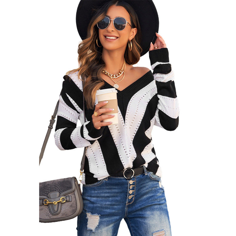 Striped Outerwear Sweater Contrast Color Long Sleeves Knitted Underwear Top