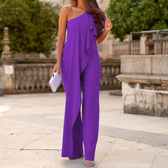 Solid Color Loose Shoulder Long Jumpsuit