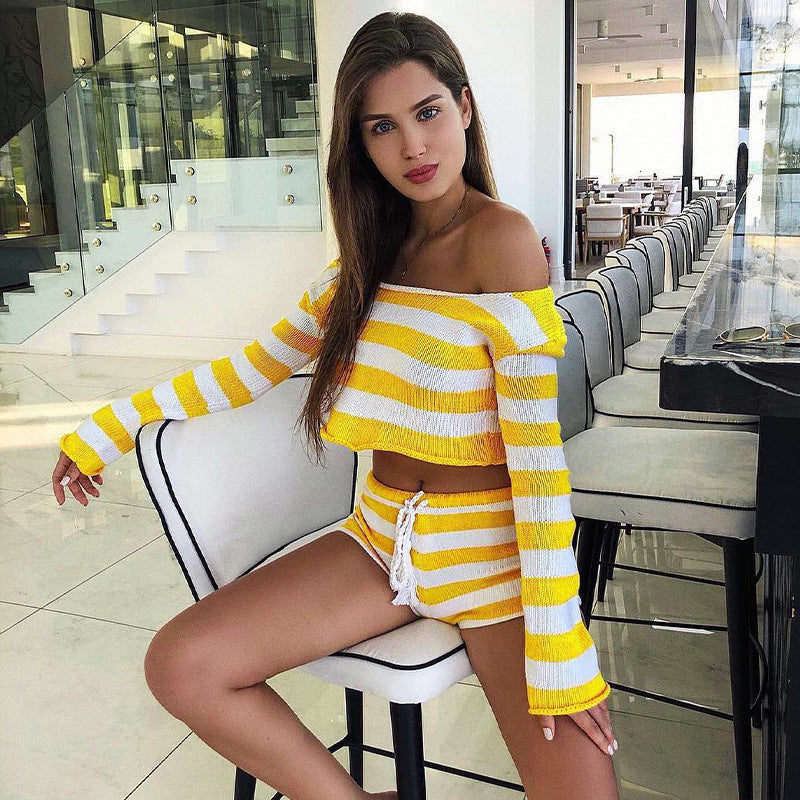 Knitted Striped Shorts Set Long Sleeved Short Top Cropped Two Piece Set