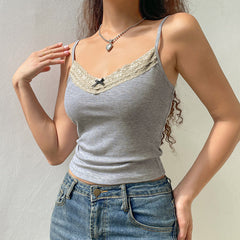 Stitching Lace Small Sling Inner Backless V Neck Vest Simple Slim Bottoming Short Top