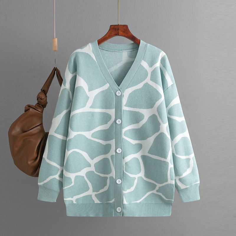 Jacquard Sweater V neck Long Line Pattern Baggy Coat