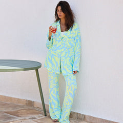 Printed Pajamas Long Sleeve Suit Loose Trousers Casual Artificial Silk Home Wear Outerwear