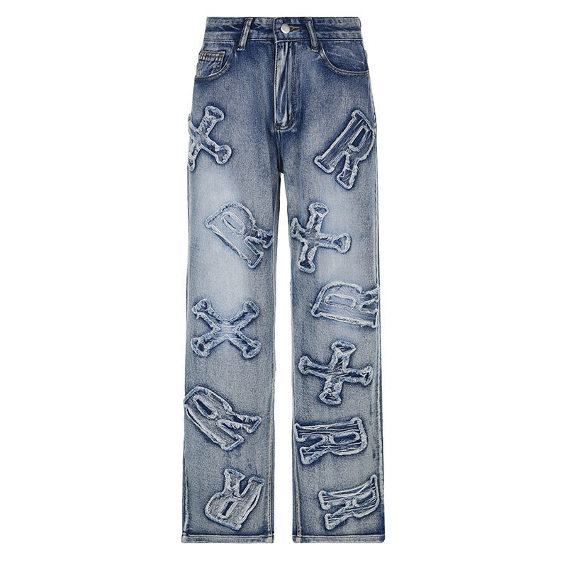 High Street Hip Hop Jeans Personalized Letter Graphic Patch Straight Loose Casual Trousers