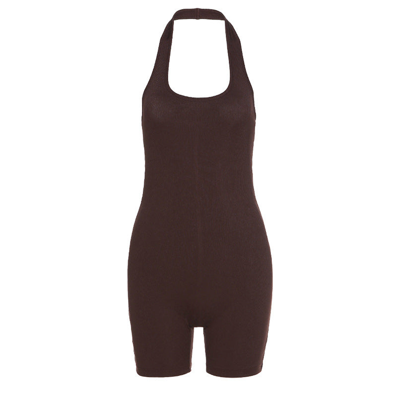 Einfarbiger rückenfreier Neckholder-Kurzsport-Strampler