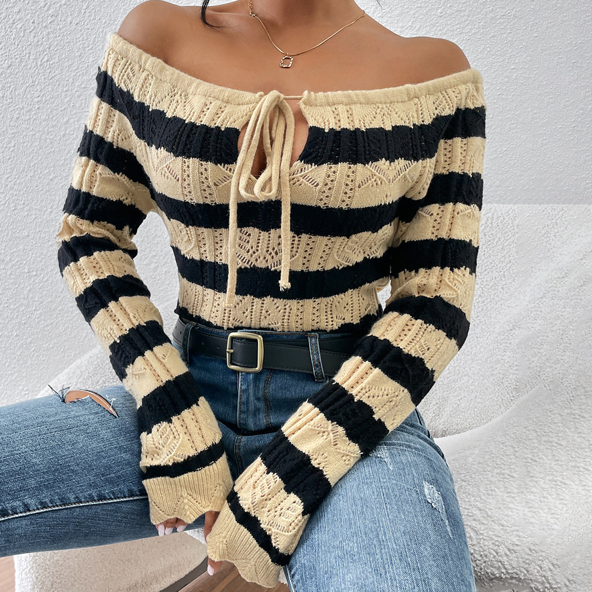 Knitwear Off Neck Lace up Striped Pullover Sweater