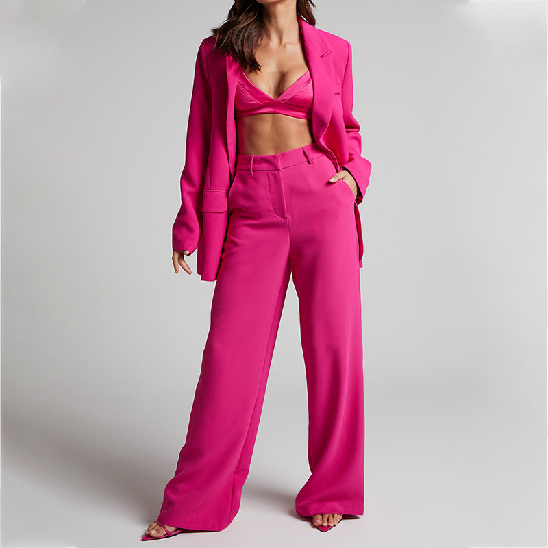 Elegant Collared Long Sleeve High Waist Trousers Two Piece Set