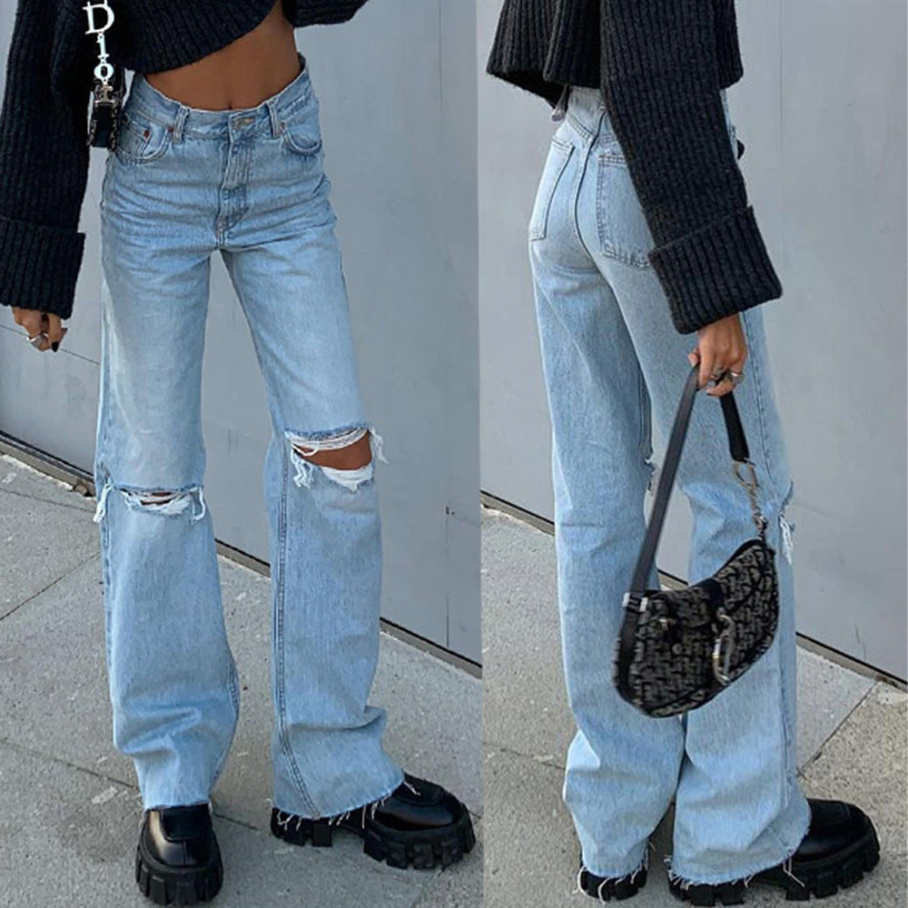Pantalon large en denim, jean bootcut déchiré