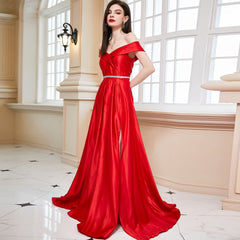 Robe de cocktail rouge à épaules dénudées et grande fente, robe de demoiselle d'honneur