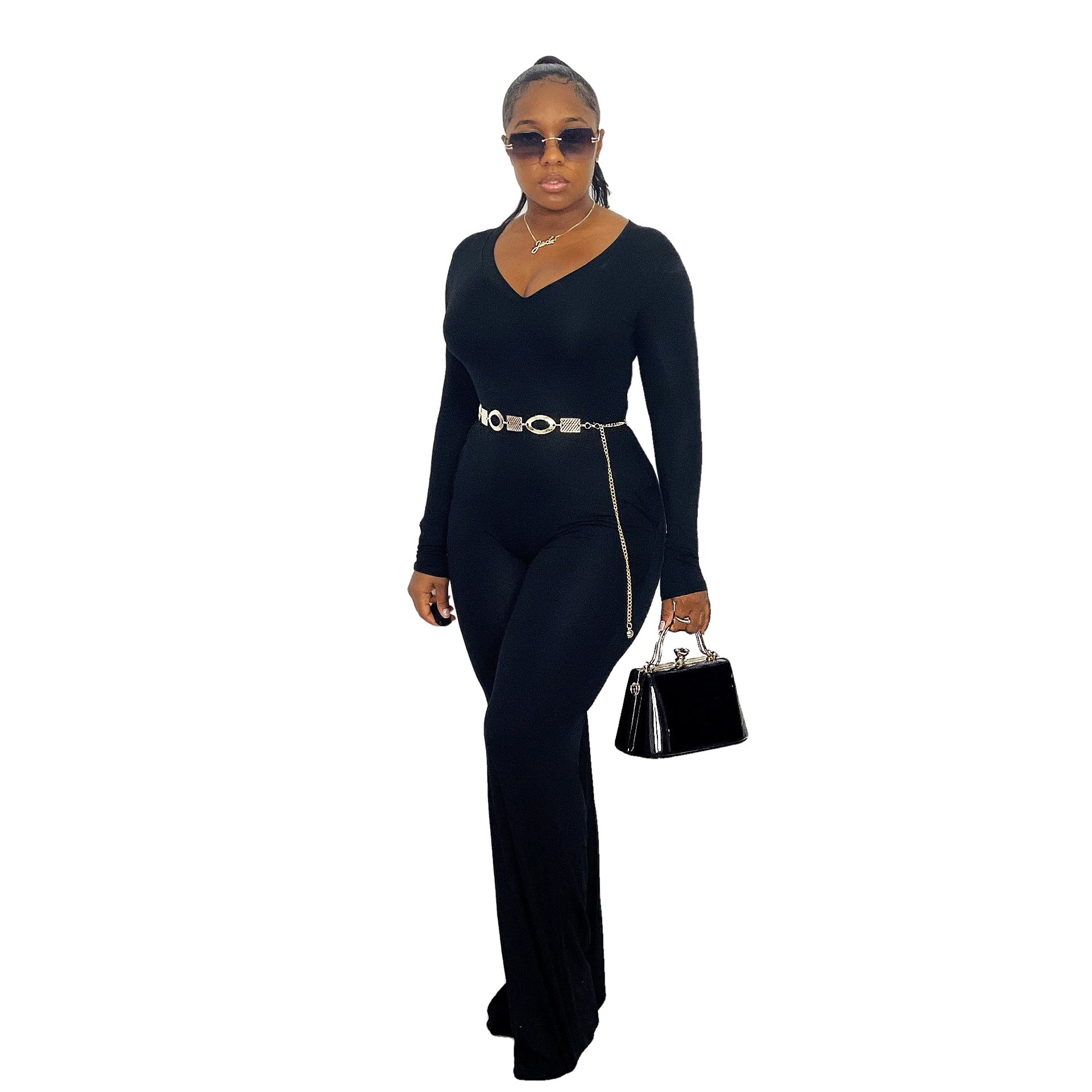 Jumpsuit Bell Bottom Pants Tight V neck Long Sleeve Jumpsuit Winter