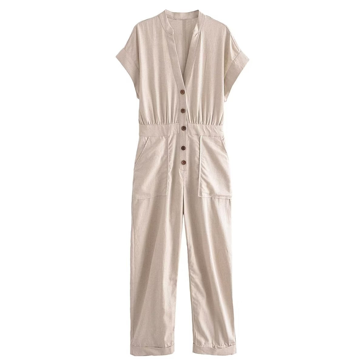 Linen Blended Straight Long Jumpsuit