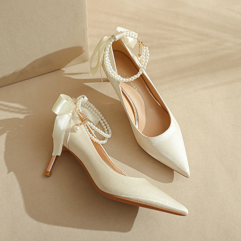 Fu Pointed High Stilettos Bow Pearl