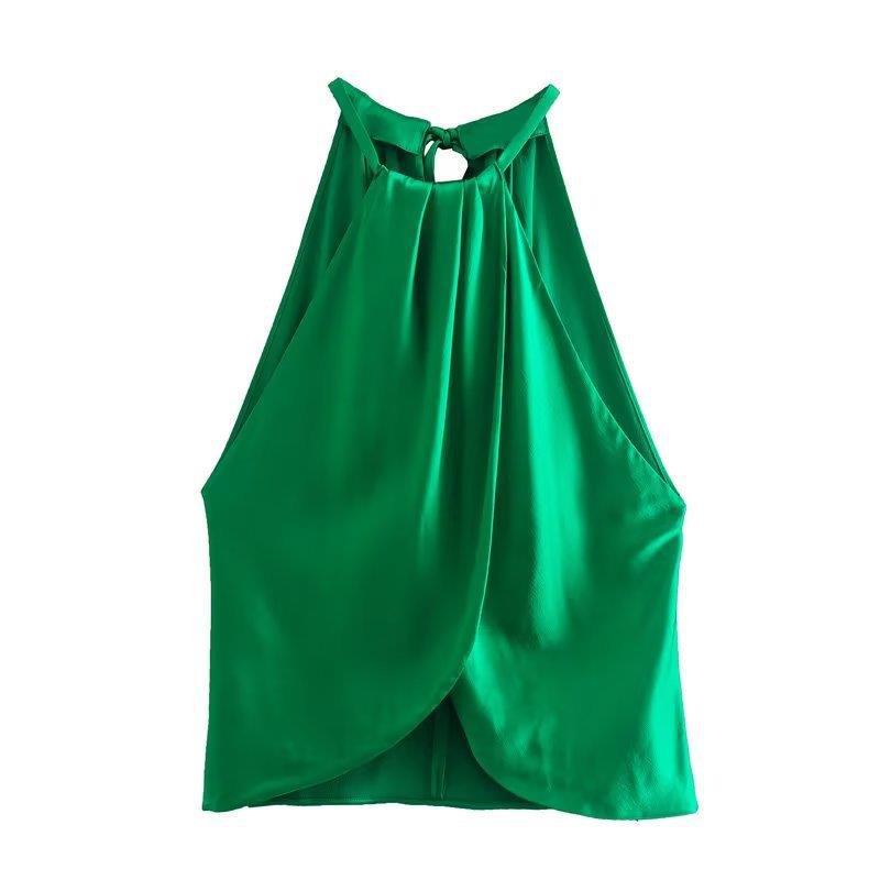 Early Silk Satin Texture Hanging Collar Short Top Straight Leg Trousers Suit