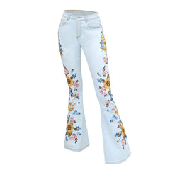Jean large brodé à la machine, jean évasé brodé, denim léger