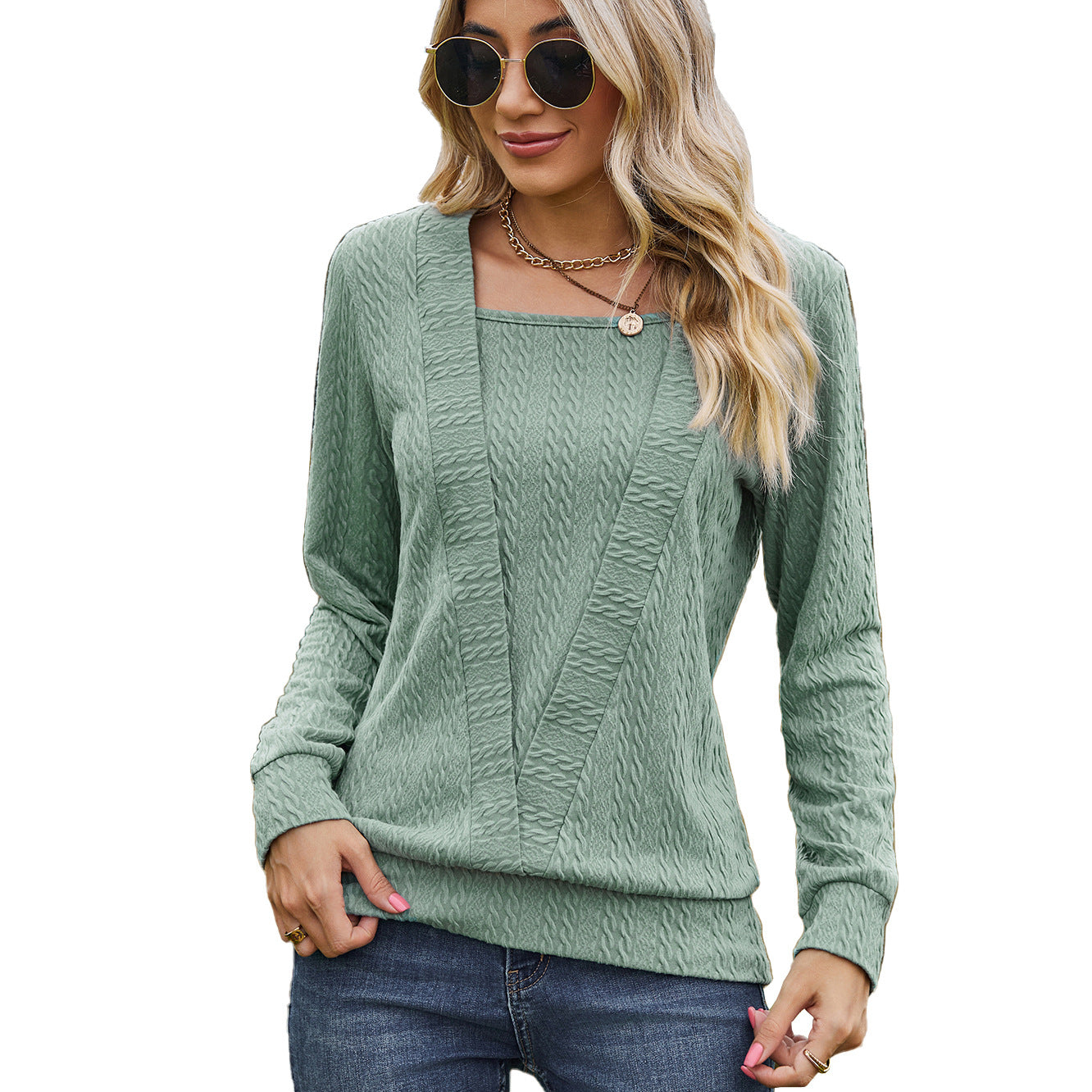 Solid Color Square Collar Cross Loose Long Sleeved T shirt Top