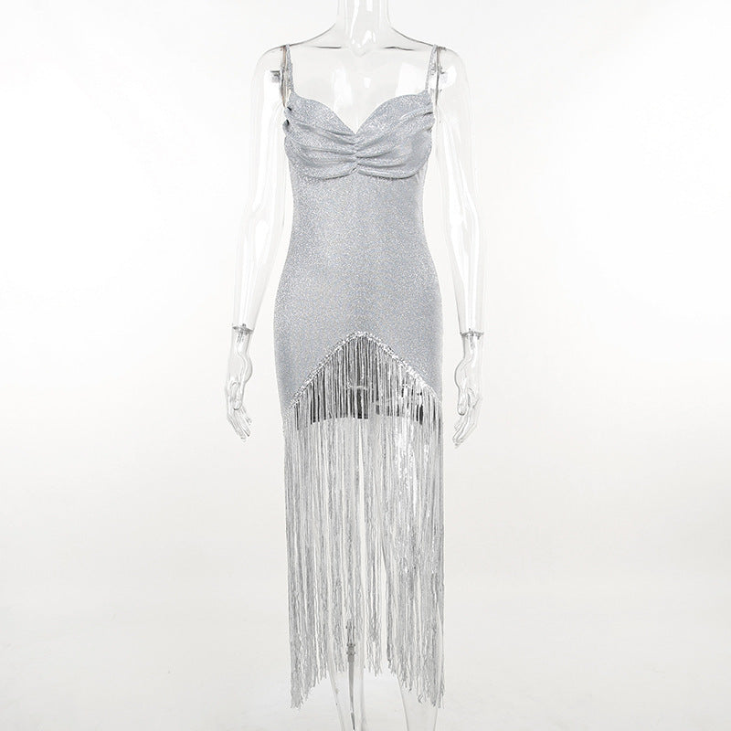 Dress Sequined Tassel Hem Dress Chest Double-Layer Dress V neck Brace Dress