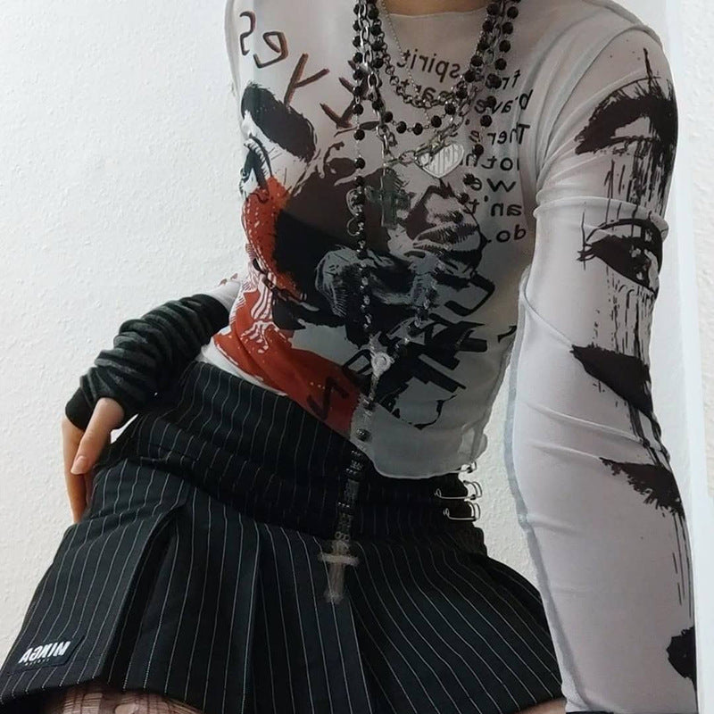round Neck Pullover Long Sleeve Mesh Printed Cropped Exposed Casual Top